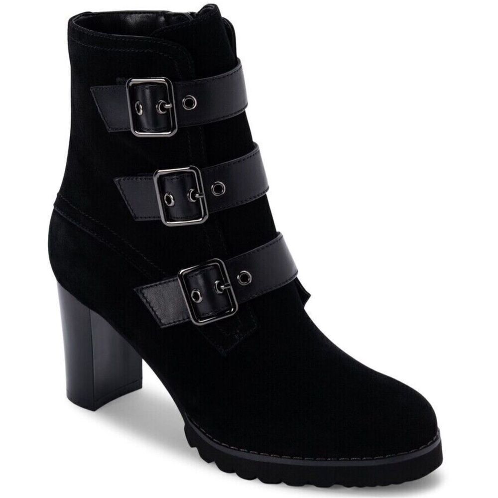Blondo Black Suede Leather Ripley Waterproof High Heel Buckle & Zip Bootie Size